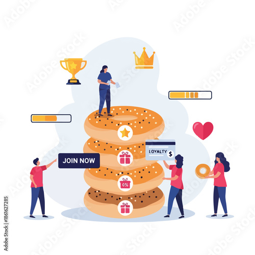 A digital illustration of people interacting with a large stack of bagels adorned with various icons, presented on a white background with a light blue silhouette. Perfect for marketing,