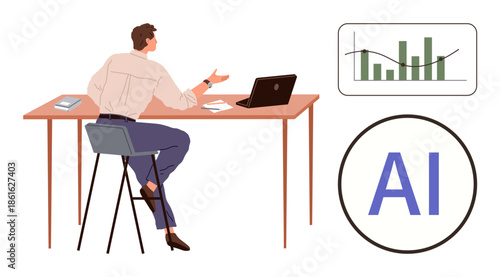 Man in office engaging with laptop, analyzing data with AI tools. Chart visual aids strategy. Ideal for business, analytics, innovation, technology, strategy education research. Simple flat