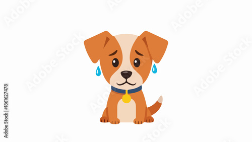 Jack Russell Terrier puppy with blue tears on cheeks wearing a blue collar with a yellow tag