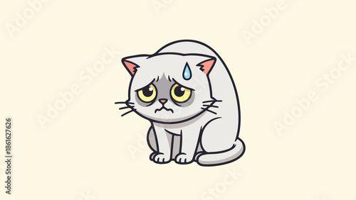 Cartoon cat with sad expression sitting on gray background