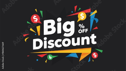 Big Discount Sale Announcement with Colorful Confetti and Dollar Signs.