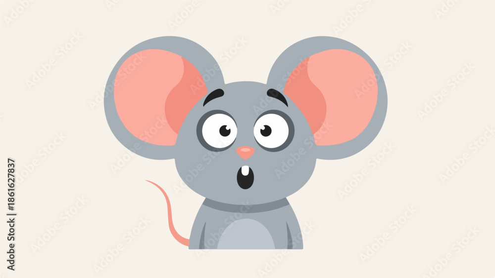Fototapeta premium Playful cartoon mouse character with pink ears and gray body, surprised expression, isolated on white background