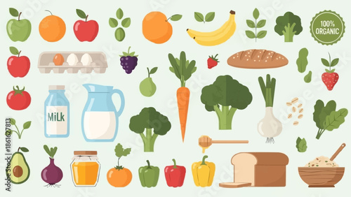 Assortment of fresh fruits vegetables and dairy products.