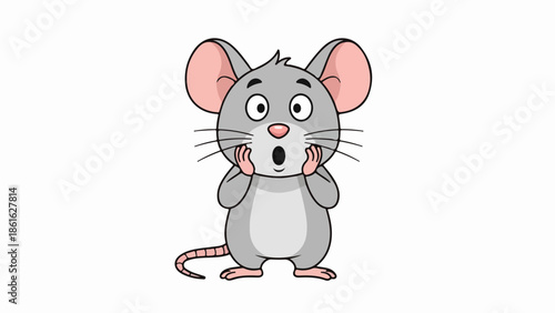 Cartoon mouse illustration with gray body, pink ears, and white belly on light gray background