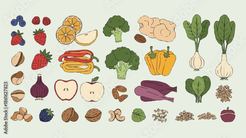 Assortment of Fresh Fruits Vegetables and Nuts Healthy Food Collection.