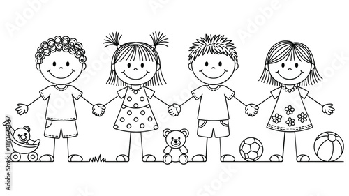 A cheerful group of children holding hands with toys around them