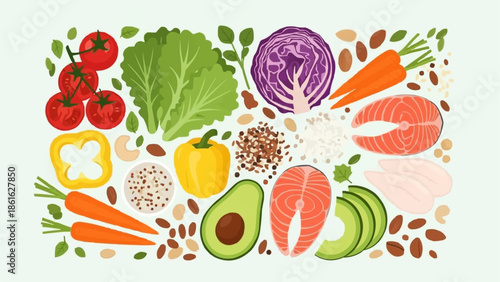 Assortment of fresh healthy food ingredients arranged artistically.