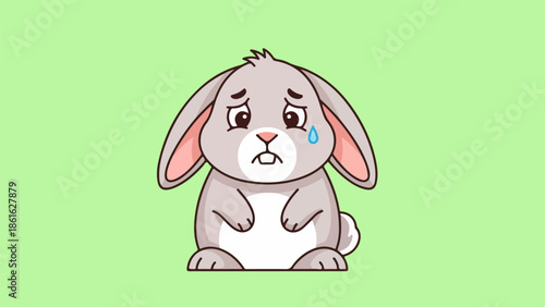 Cartoon rabbit with tear on cheek sitting on light green background