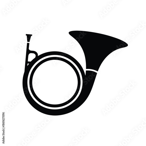 A simple black and white illustration of a classic french horn