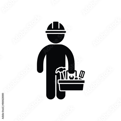 Construction worker with tool belt and tools a simple black silhouette
