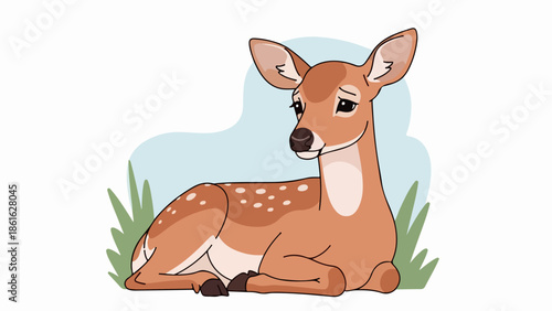 Young fawn with light brown coat and white spots resting in a grassy field under a light blue sky