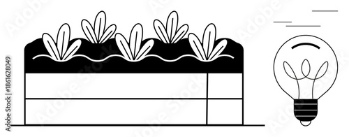Sustainable agriculture, renewable energy, green living, innovation, eco-friendly technology, environmental awareness. Crops growing in a raised bed beside a light bulb icon. Sustainable agriculture