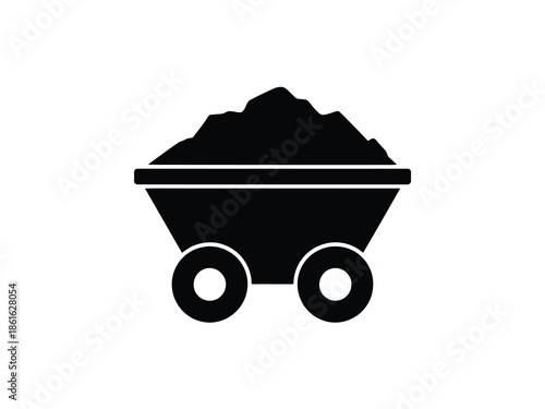 Simple black and white illustration of a minecart filled with material