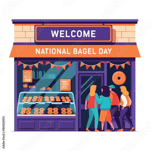 A digital illustration of a storefront celebrating National Bagel Day with a sign and people outside, featuring a display of bagels in the window with a warm color scheme. Perfect for food