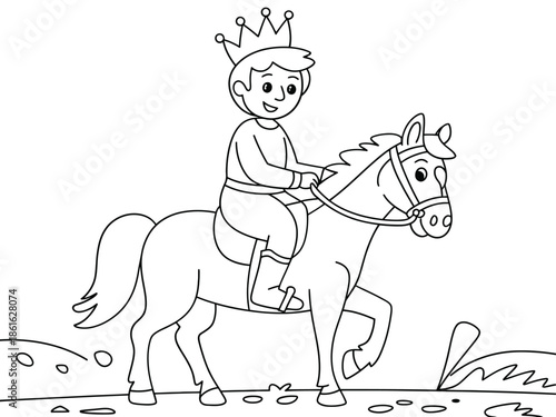 A young prince riding a horse with a crown outlined in black and white
