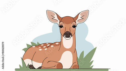 Young fawn with white spots resting on green grass with blue sky background