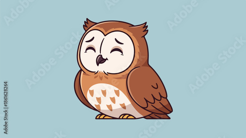 Illustration of a serene owl with earthy brown and creamy white plumage on a light blue background