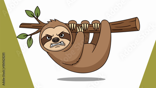 Cartoon illustration of a frustrated sloth hanging from a tree branch with green leaves