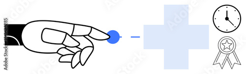 Robotics, healthcare innovation, technology efficiency, medical automation, quality standards, timely care. A robotic hand pointing to a cross, with icons of a clock and an award ribbon. Robotics