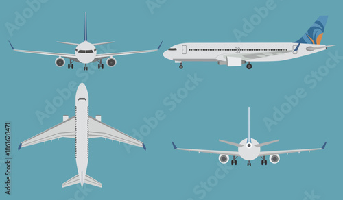 Commercial Airplane Views Set – Front, Side, Top and Rear View Vector Illustration