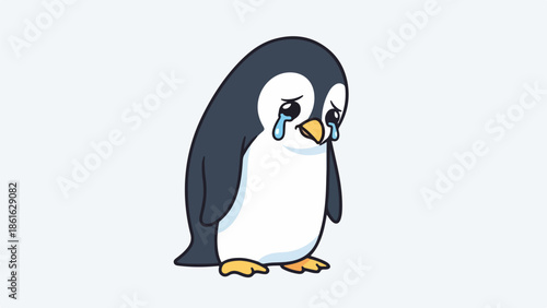 Animated penguin with tear on face standing on light gray background