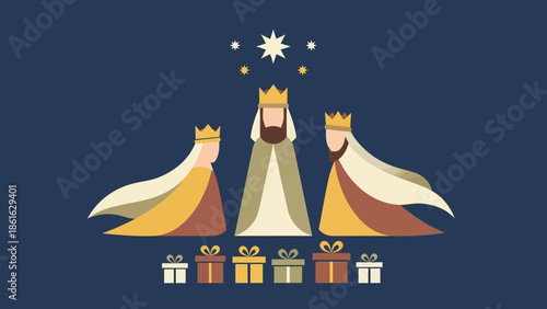 Flat design illustration of the Three Wise Men with crowns and gifts under a shining star on a dark blue background, depicting the Epiphany.