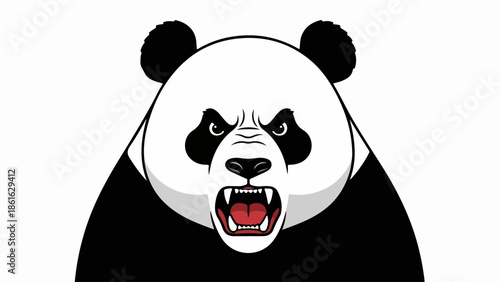 Illustration of a fierce panda bear with open mouth and red tongue on black background