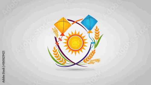 A vibrant emblem featuring two colorful kites, a bright sun, and golden wheat stalks, symbolizing harvest, celebration, and traditional festivals.