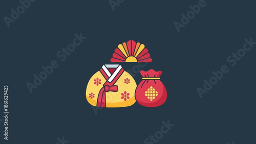 Traditional Korean cultural items including a hanbok top, a decorative fan, and a lucky money pouch on a dark background.