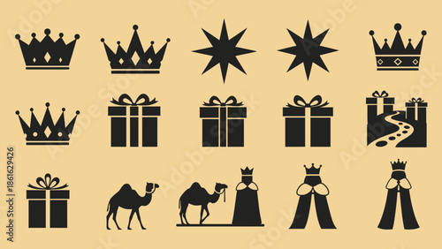 Collection of black silhouette icons representing Epiphany, Three Kings' Day, including crowns, stars, gifts, camels, and wise men figures on a light brown background.