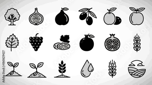 Collection of black and white line art icons depicting various fruits, plants, agriculture, and farming elements.