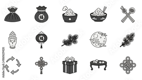 A collection of grayscale icons representing various elements of Chinese culture, traditions, and celebrations, including lucky symbols, food, and decorative items.