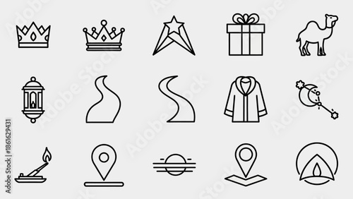 A collection of outline icons representing the Epiphany story, including crowns, a guiding star, gifts, a camel, a lantern, journey paths, a robe, and location markers.