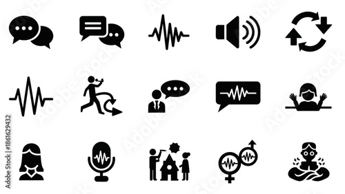 A collection of black silhouette icons representing communication, sound, speech, interaction, and human activities like meditation and community.