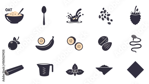 Collection of flat design food icons featuring oats, fruits, nuts, spices, and kitchen tools on a white background.