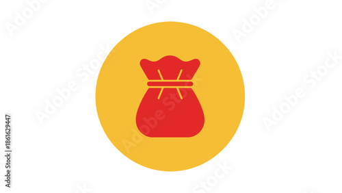 Red money bag icon with a drawstring in a yellow circle, symbolizing wealth, prosperity, or financial gain in a flat graphic style.