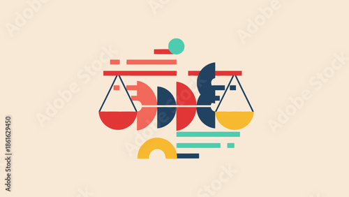 Abstract geometric illustration of a balance scale with colorful shapes and lines, representing concepts of justice, equality, and equilibrium in a modern flat design style.