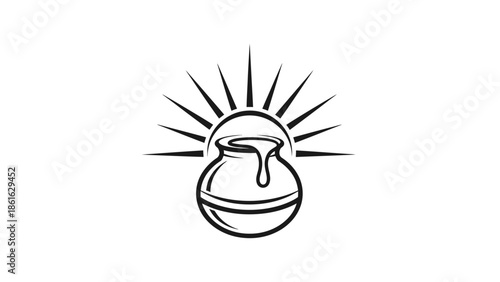 Black and white line art illustration of a pot with dripping liquid and radiating sun rays behind it.