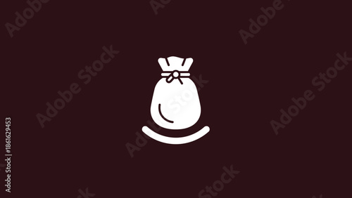 A simple white icon of a tied money bag or sack with a curved line underneath on a dark brown background.