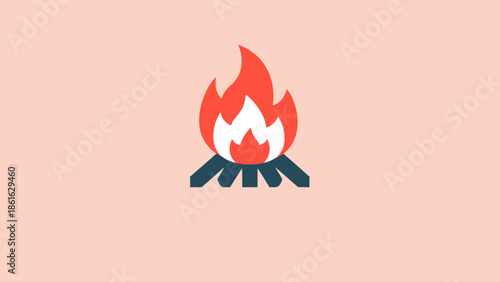 Simple flat design illustration of a vibrant red and orange campfire icon with dark logs on a light pink background.