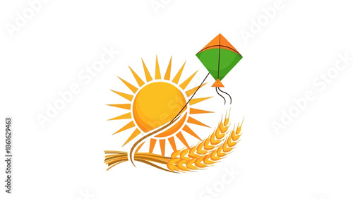 Vibrant illustration of a golden sun, a colorful kite, and ripe wheat stalks, symbolizing harvest, celebration, and nature's bounty.
