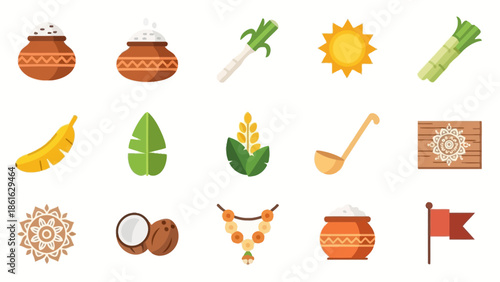 A collection of traditional Indian festival elements including rice pots, sugarcane, bananas, coconuts, sun, and decorative motifs, representing harvest celebrations.