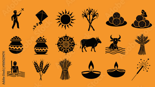 Collection of black silhouette icons representing various elements and traditions of Indian harvest festivals like Makar Sankranti and Pongal on an orange background.