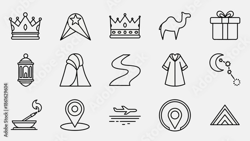 Outline icons depicting Middle Eastern culture, travel, and religious symbols including crowns, camels, lanterns, robes, and pyramids.