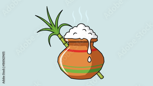 A cartoon illustration of a traditional clay pot overflowing with boiling rice, with a sugarcane stalk, representing the Pongal harvest festival.