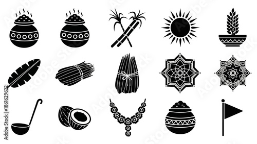 Black and white icon set depicting traditional elements of a South Indian harvest festival like Pongal, including pots, sugarcane, sun, and cultural symbols.