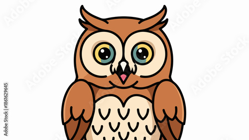 Stylized owl illustration with intricate feather textures and blue eyes on a beige background