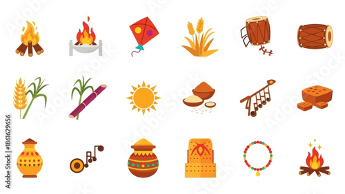 A collection of flat design icons representing elements of an Indian harvest festival celebration, including bonfires, kites, grains, drums, sugarcane, and traditional items.