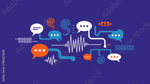 Abstract illustration of digital communication and data flow with speech bubbles, sound waves, and interconnected lines on a dark blue background.