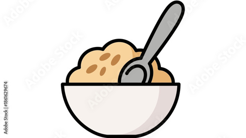 Simple cartoon illustration of a bowl of warm oatmeal or porridge with a spoon, ready for breakfast.